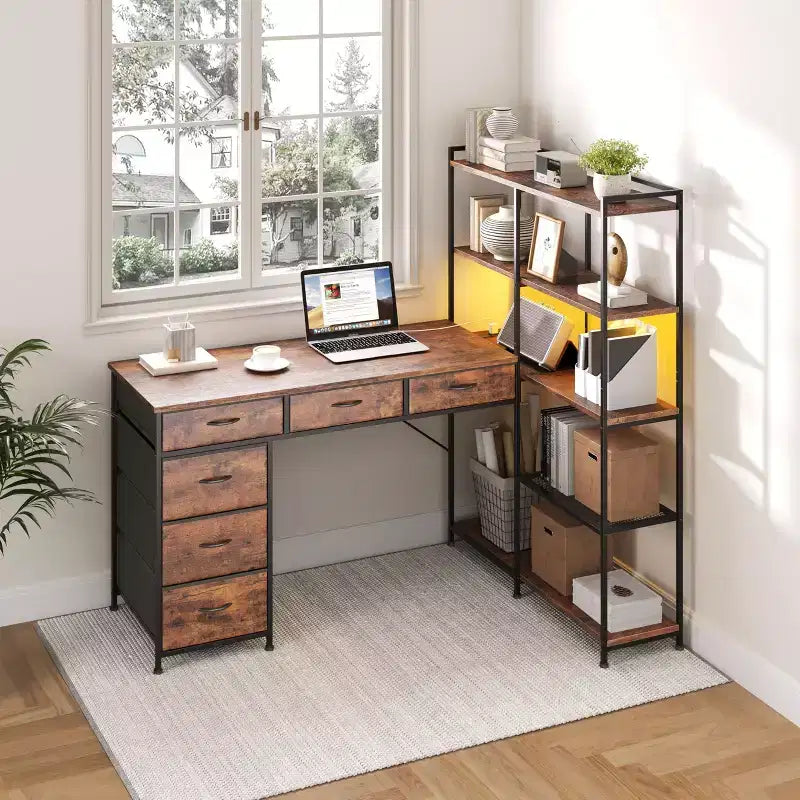 47 L-Shaped Computer Desk with 6 Drawers & 5-Tier Shelves, Reversible Corner Gaming Desk with LED Lights & Power Outlets