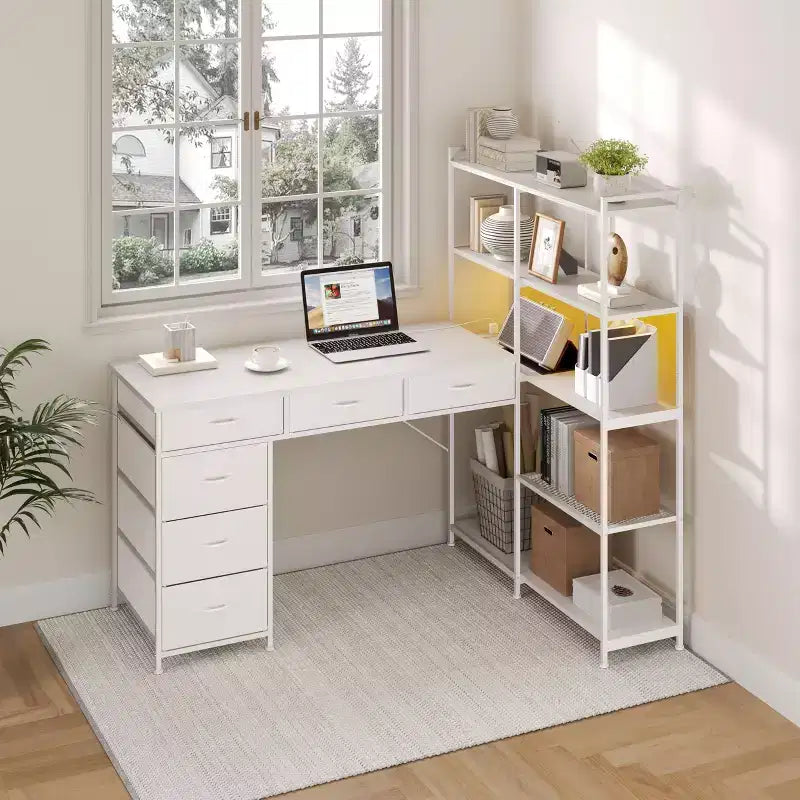 47 L-Shaped Computer Desk with 6 Drawers & 5-Tier Shelves, Reversible Corner Gaming Desk with LED Lights & Power Outlets