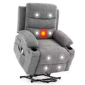 Oversized Power Lift Recliner Chair for Elderly - Electric Heat, Massage & Stand Assist - 135 Reclining - Cup Holders, Side Pocket Grey Fabric