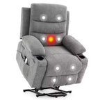 Oversized Power Lift Recliner Chair for Elderly - Electric Heat, Massage & Stand Assist - 135 Reclining - Cup Holders, Side Pocket Grey Fabric