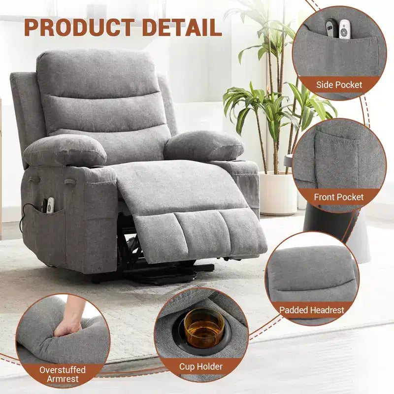 Oversized Power Lift Recliner Chair for Elderly - Electric Heat, Massage & Stand Assist - 135 Reclining - Cup Holders, Side Pocket Grey Fabric