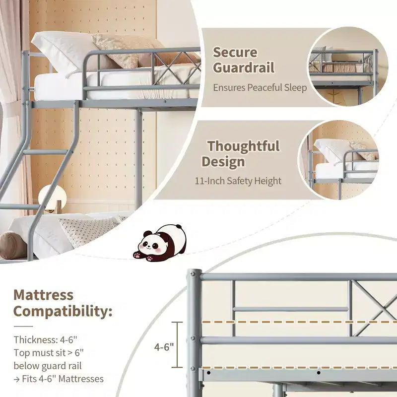 Metal Twin Over Full Bunk Bed for Adults & Teens, Low Profile Bunk Bed with Safety Guardrail and Ladder, No Box Spring Needed, Space-Saving