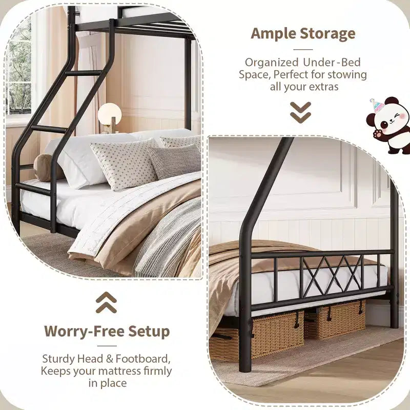 Metal Twin Over Full Bunk Bed for Adults & Teens, Low Profile Bunk Bed with Safety Guardrail and Ladder, No Box Spring Needed, Space-Saving