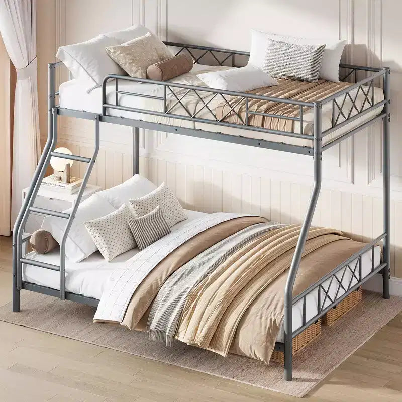 Metal Twin Over Full Bunk Bed for Adults & Teens, Low Profile Bunk Bed with Safety Guardrail and Ladder, No Box Spring Needed, Space-Saving