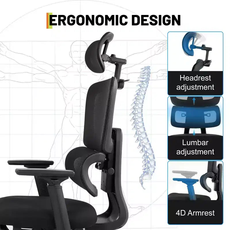 Ergonomic High Back Mesh Office Gaming Chair, 400lb Heavy Duty Capacity with Flip-Up Arms, Adjustable Headrest, Lumbar and Leg Support, Reclining
