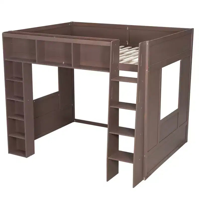 Lit mezzanine Queen surélevé avec étagères de rangement et armoire, cadre de lit mezzanine en bois massif avec bibliothèque et espace sous le lit pour dortoir et appartement