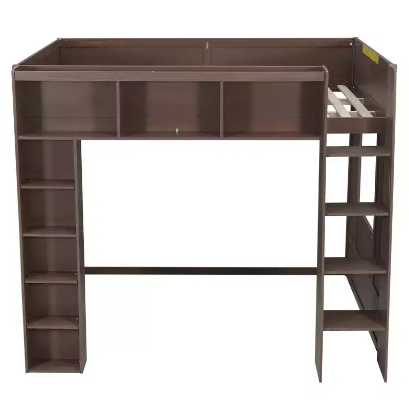Lit mezzanine Queen surélevé avec étagères de rangement et armoire, cadre de lit mezzanine en bois massif avec bibliothèque et espace sous le lit pour dortoir et appartement