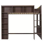 Lit mezzanine Queen surélevé avec étagères de rangement et armoire, cadre de lit mezzanine en bois massif avec bibliothèque et espace sous le lit pour dortoir et appartement