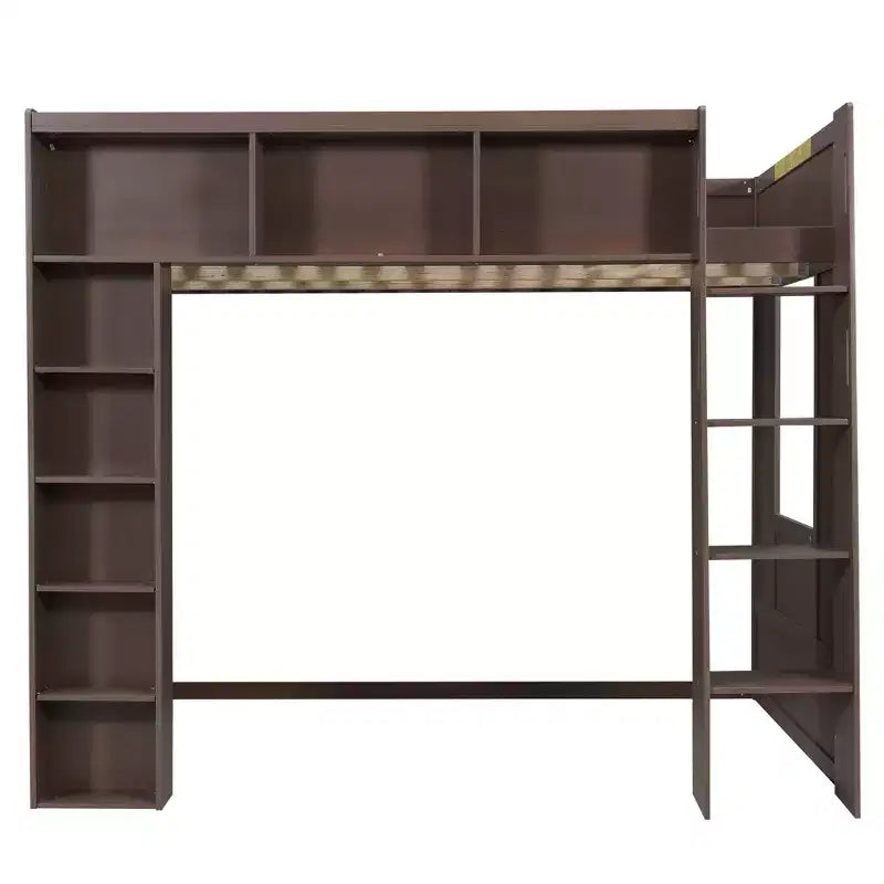 Lit mezzanine Queen surélevé avec étagères de rangement et armoire, cadre de lit mezzanine en bois massif avec bibliothèque et espace sous le lit pour dortoir et appartement