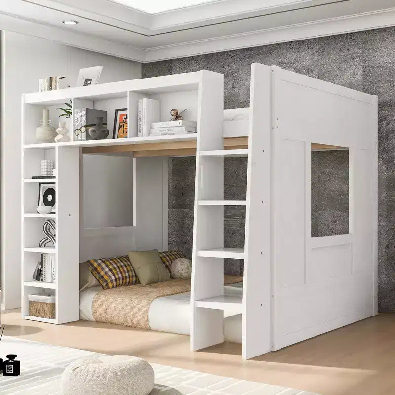 Lit mezzanine Queen surélevé avec étagères de rangement et armoire, cadre de lit mezzanine en bois massif avec bibliothèque et espace sous le lit pour dortoir et appartement
