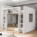 Lit mezzanine Queen surélevé avec étagères de rangement et armoire, cadre de lit mezzanine en bois massif avec bibliothèque et espace sous le lit pour dortoir et appartement