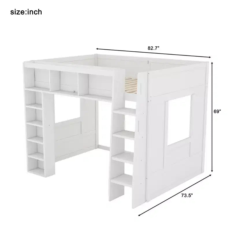 Lit mezzanine Queen surélevé avec étagères de rangement et armoire, cadre de lit mezzanine en bois massif avec bibliothèque et espace sous le lit pour dortoir et appartement