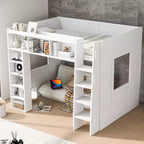 Lit mezzanine Queen surélevé avec étagères de rangement et armoire, cadre de lit mezzanine en bois massif avec bibliothèque et espace sous le lit pour dortoir et appartement