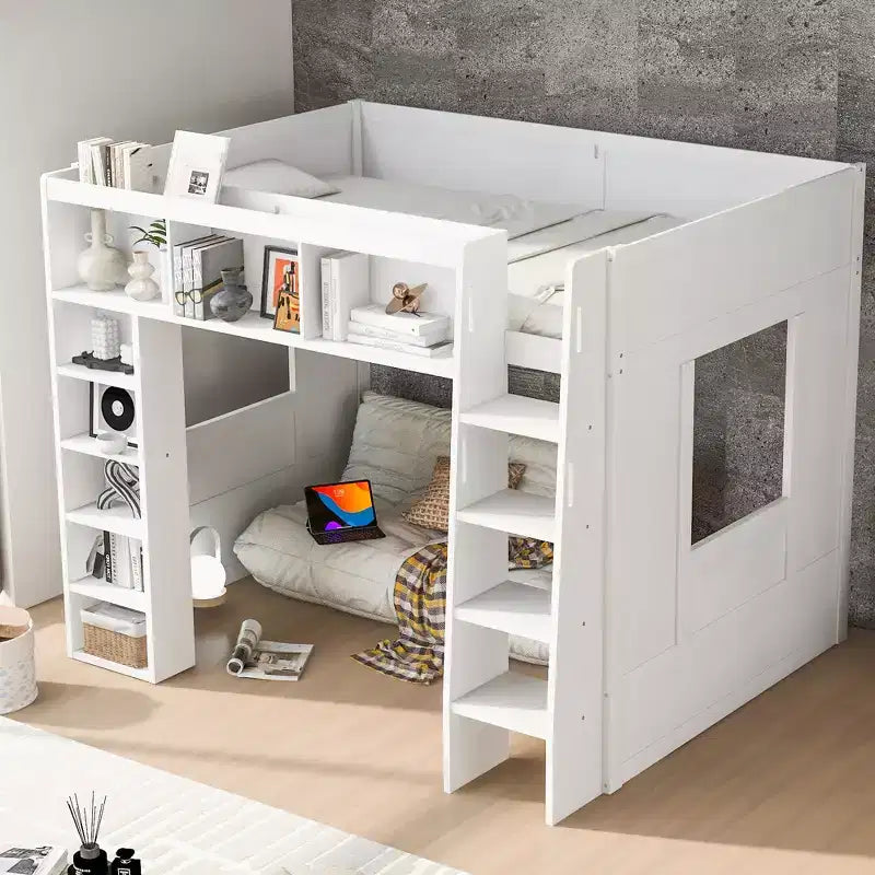 Lit mezzanine Queen surélevé avec étagères de rangement et armoire, cadre de lit mezzanine en bois massif avec bibliothèque et espace sous le lit pour dortoir et appartement