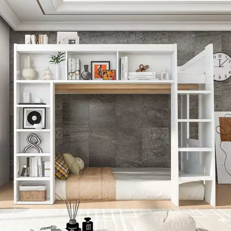 Lit mezzanine Queen surélevé avec étagères de rangement et armoire, cadre de lit mezzanine en bois massif avec bibliothèque et espace sous le lit pour dortoir et appartement