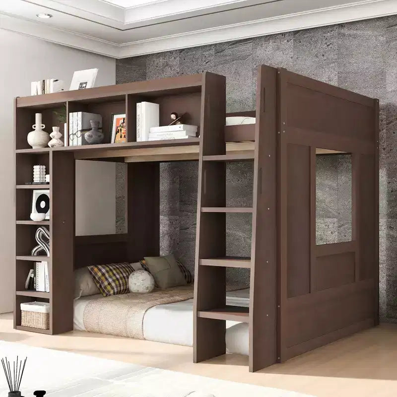 Lit mezzanine Queen surélevé avec étagères de rangement et armoire, cadre de lit mezzanine en bois massif avec bibliothèque et espace sous le lit pour dortoir et appartement