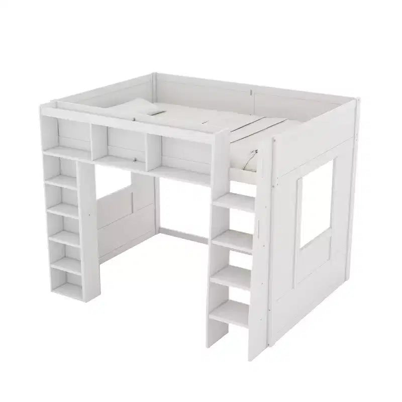 Lit mezzanine Queen surélevé avec étagères de rangement et armoire, cadre de lit mezzanine en bois massif avec bibliothèque et espace sous le lit pour dortoir et appartement