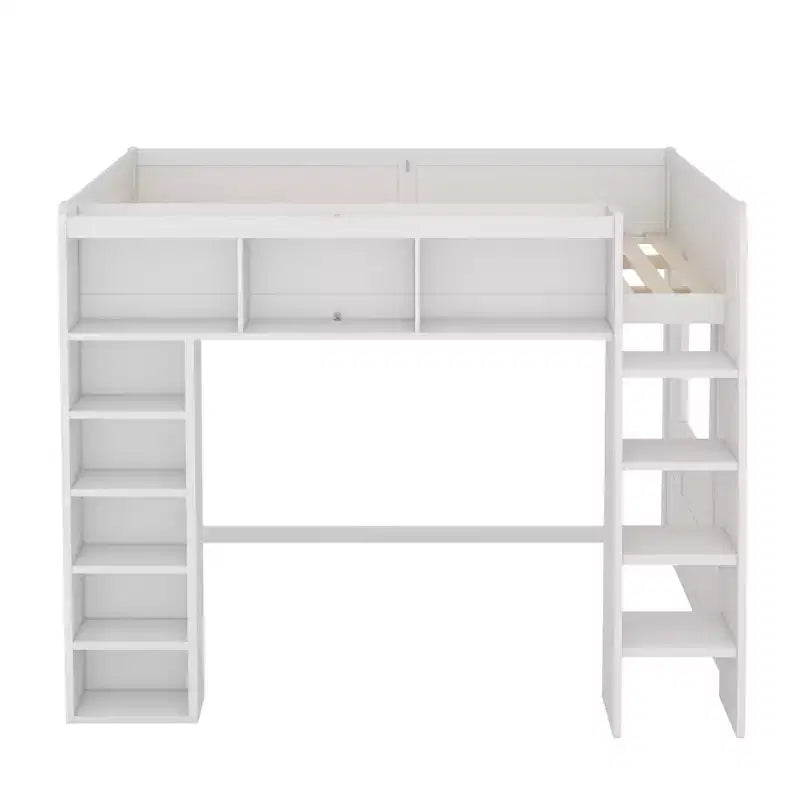 Lit mezzanine Queen surélevé avec étagères de rangement et armoire, cadre de lit mezzanine en bois massif avec bibliothèque et espace sous le lit pour dortoir et appartement
