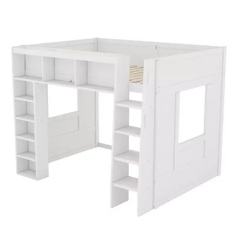 Lit mezzanine Queen surélevé avec étagères de rangement et armoire, cadre de lit mezzanine en bois massif avec bibliothèque et espace sous le lit pour dortoir et appartement