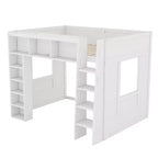 Lit mezzanine Queen surélevé avec étagères de rangement et armoire, cadre de lit mezzanine en bois massif avec bibliothèque et espace sous le lit pour dortoir et appartement