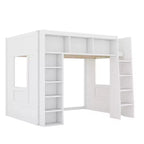 Lit mezzanine Queen surélevé avec étagères de rangement et armoire, cadre de lit mezzanine en bois massif avec bibliothèque et espace sous le lit pour dortoir et appartement