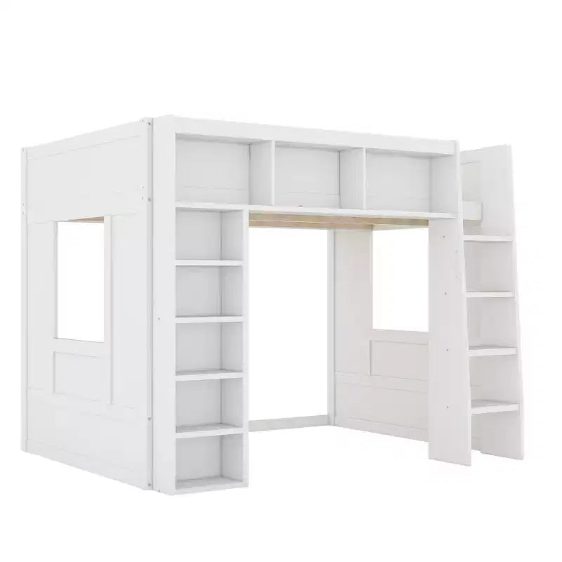 Lit mezzanine Queen surélevé avec étagères de rangement et armoire, cadre de lit mezzanine en bois massif avec bibliothèque et espace sous le lit pour dortoir et appartement