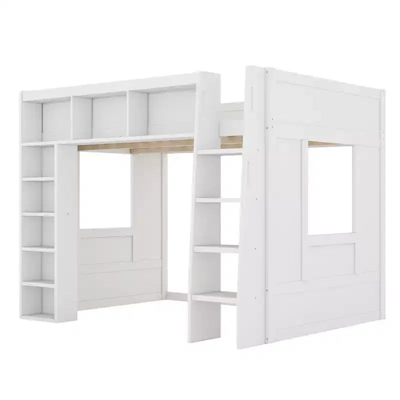 Lit mezzanine Queen surélevé avec étagères de rangement et armoire, cadre de lit mezzanine en bois massif avec bibliothèque et espace sous le lit pour dortoir et appartement