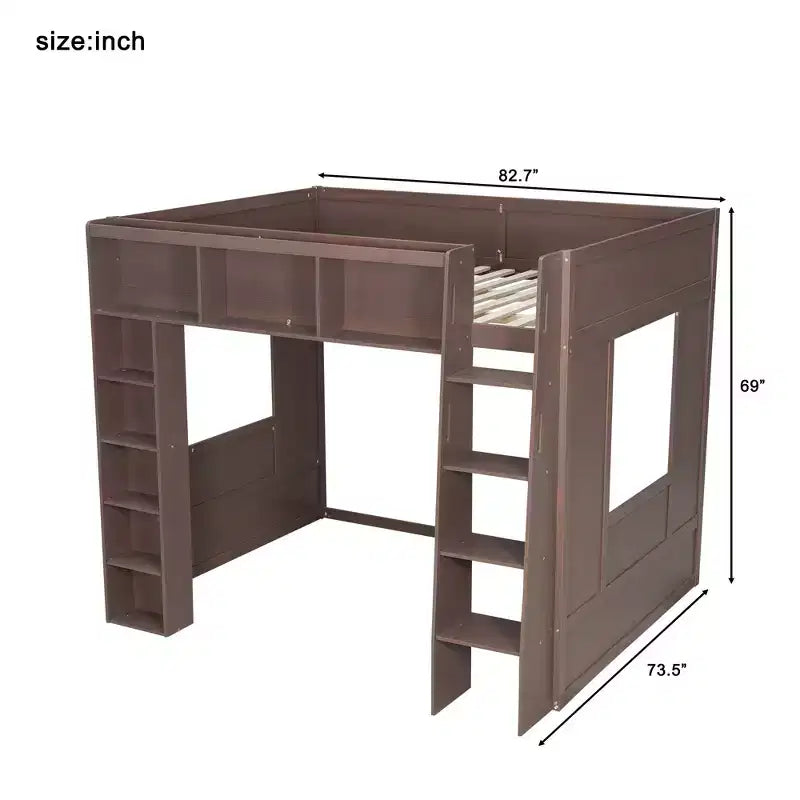 Lit mezzanine Queen surélevé avec étagères de rangement et armoire, cadre de lit mezzanine en bois massif avec bibliothèque et espace sous le lit pour dortoir et appartement