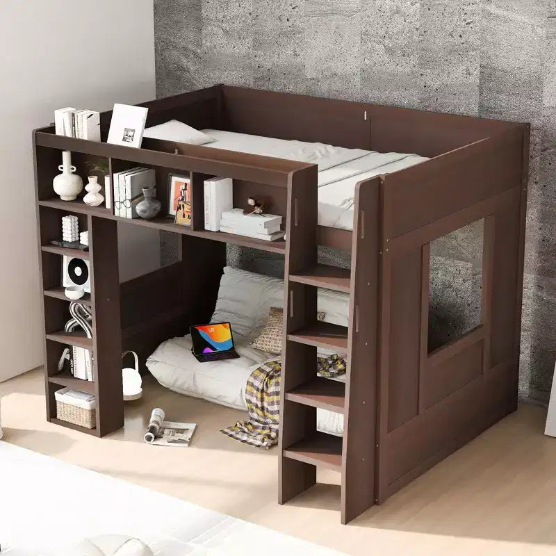 Lit mezzanine Queen surélevé avec étagères de rangement et armoire, cadre de lit mezzanine en bois massif avec bibliothèque et espace sous le lit pour dortoir et appartement