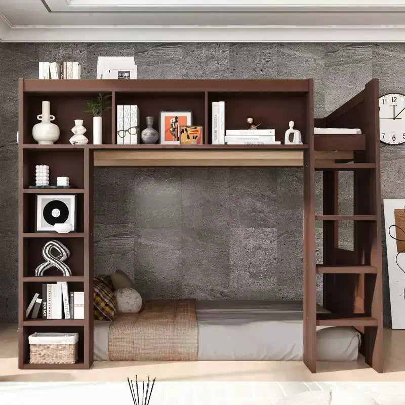 Lit mezzanine Queen surélevé avec étagères de rangement et armoire, cadre de lit mezzanine en bois massif avec bibliothèque et espace sous le lit pour dortoir et appartement
