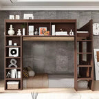 Lit mezzanine Queen surélevé avec étagères de rangement et armoire, cadre de lit mezzanine en bois massif avec bibliothèque et espace sous le lit pour dortoir et appartement