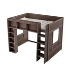 Lit mezzanine Queen surélevé avec étagères de rangement et armoire, cadre de lit mezzanine en bois massif avec bibliothèque et espace sous le lit pour dortoir et appartement