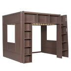 Lit mezzanine Queen surélevé avec étagères de rangement et armoire, cadre de lit mezzanine en bois massif avec bibliothèque et espace sous le lit pour dortoir et appartement