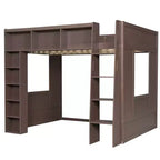 Lit mezzanine Queen surélevé avec étagères de rangement et armoire, cadre de lit mezzanine en bois massif avec bibliothèque et espace sous le lit pour dortoir et appartement