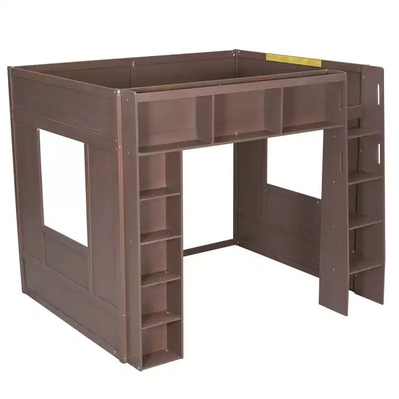 Lit mezzanine Queen surélevé avec étagères de rangement et armoire, cadre de lit mezzanine en bois massif avec bibliothèque et espace sous le lit pour dortoir et appartement
