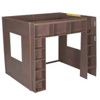 Lit mezzanine Queen surélevé avec étagères de rangement et armoire, cadre de lit mezzanine en bois massif avec bibliothèque et espace sous le lit pour dortoir et appartement