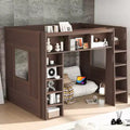 Queen Hight Loft Bed with Storage Shelves & Cabinet, Solid Wood Loft Bed Frame with Bookcase and Under-Bed Space for Dorm Apartment