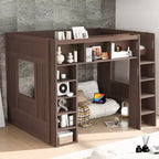 Queen Hight Loft Bed with Storage Shelves & Cabinet, Solid Wood Loft Bed Frame with Bookcase and Under-Bed Space for Dorm Apartment