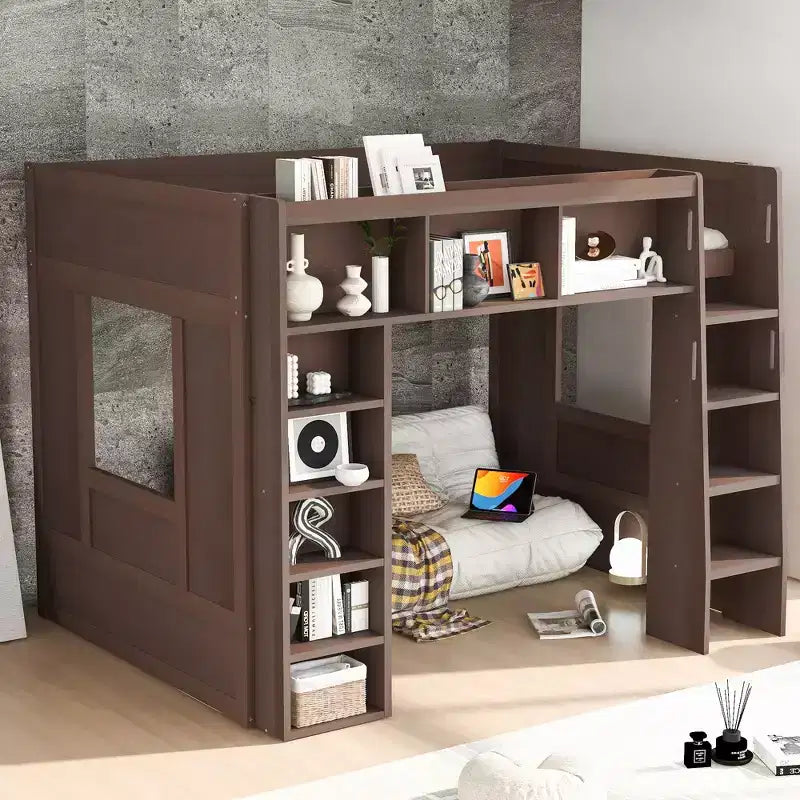 Queen Hight Loft Bed with Storage Shelves & Cabinet, Solid Wood Loft Bed Frame with Bookcase and Under-Bed Space for Dorm Apartment