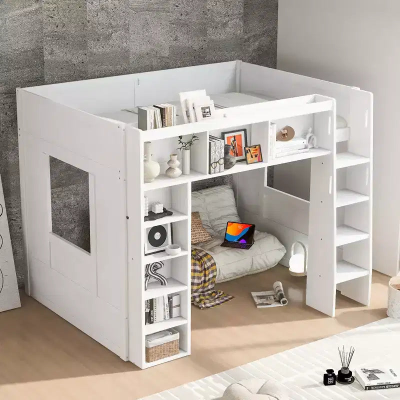 Lit mezzanine Queen surélevé avec étagères de rangement et armoire, cadre de lit mezzanine en bois massif avec bibliothèque et espace sous le lit pour dortoir et appartement