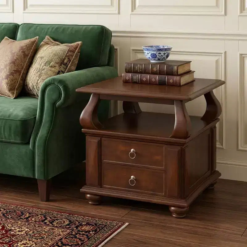 HomeRoots 26 Brown Solid Wood Square End Table With Two Drawers And Shelf
