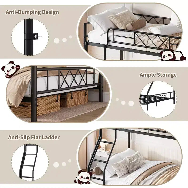 Heavy Duty Metal Twin Over Full Size Bunk Bed, Low Profile Bunk Bed with Length Guardrail and Ladder, No Box Spring Needed, Space Saving