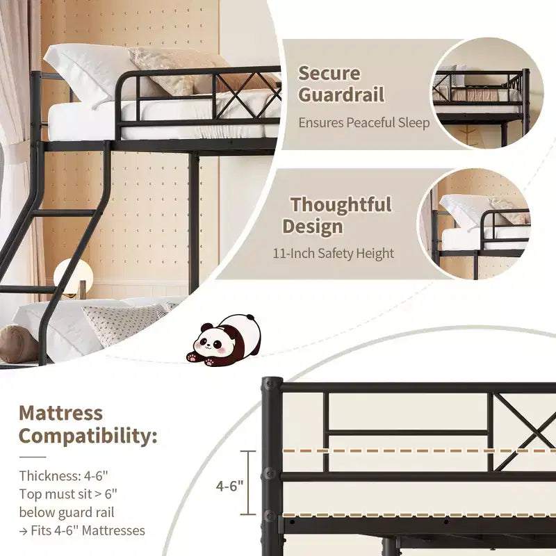 Heavy Duty Metal Twin Over Full Size Bunk Bed, Low Profile Bunk Bed with Length Guardrail and Ladder, No Box Spring Needed, Space Saving