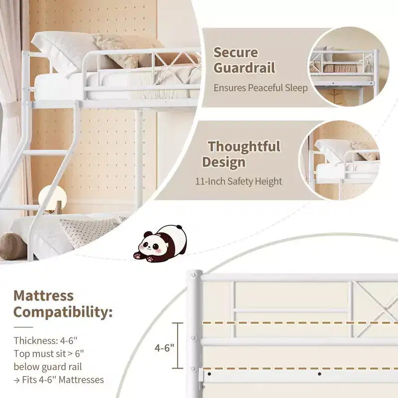 Heavy Duty Metal Twin Over Full Size Bunk Bed, Low Profile Bunk Bed with Length Guardrail and Ladder, No Box Spring Needed, Space Saving
