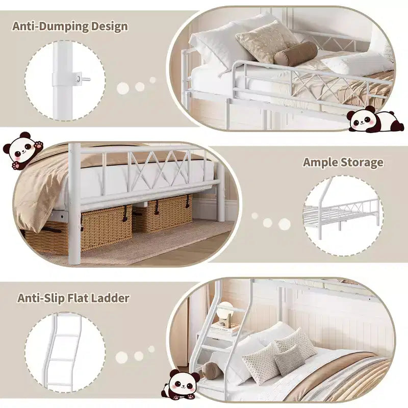 Heavy Duty Metal Twin Over Full Size Bunk Bed, Low Profile Bunk Bed with Length Guardrail and Ladder, No Box Spring Needed, Space Saving