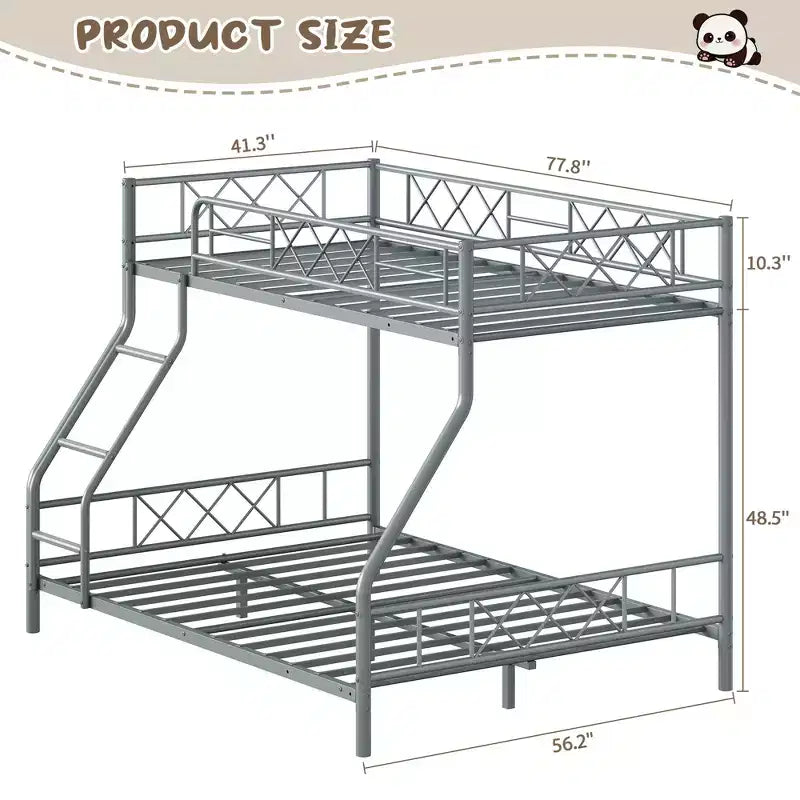 Heavy Duty Metal Twin Over Full Size Bunk Bed, Low Profile Bunk Bed with Length Guardrail and Ladder, No Box Spring Needed, Space Saving