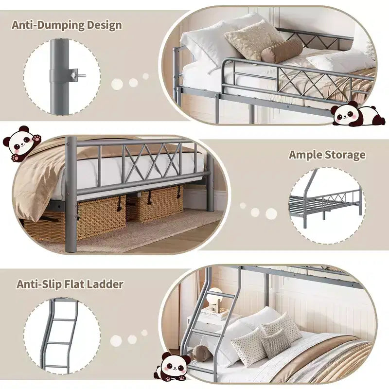 Heavy Duty Metal Twin Over Full Size Bunk Bed, Low Profile Bunk Bed with Length Guardrail and Ladder, No Box Spring Needed, Space Saving