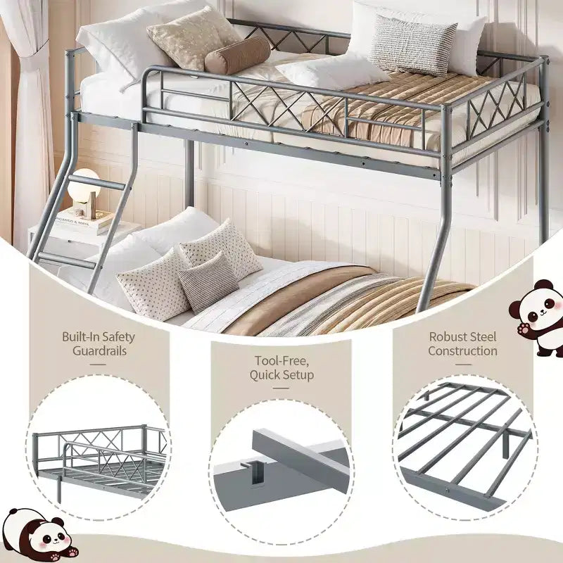 Heavy Duty Metal Twin Over Full Size Bunk Bed, Low Profile Bunk Bed with Length Guardrail and Ladder, No Box Spring Needed, Space Saving