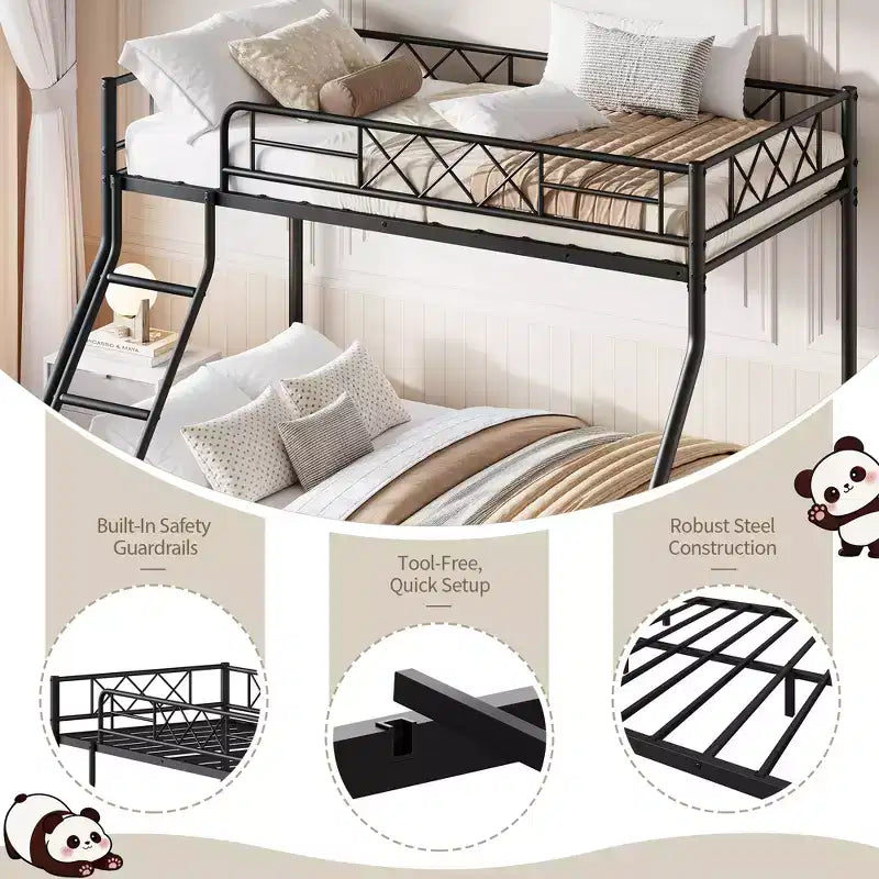 Heavy Duty Metal Twin Over Full Size Bunk Bed, Low Profile Bunk Bed with Length Guardrail and Ladder, No Box Spring Needed, Space Saving