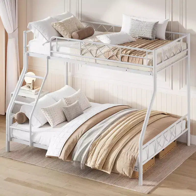 Heavy Duty Metal Twin Over Full Size Bunk Bed, Low Profile Bunk Bed with Length Guardrail and Ladder, No Box Spring Needed, Space Saving